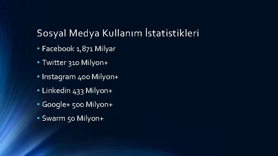 Sosyal Medya Kullanım İstatistikleri • Facebook 1, 871 Milyar • Twitter 310 Milyon+ •