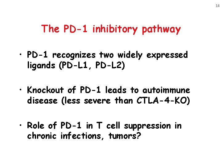 14 The PD-1 inhibitory pathway • PD-1 recognizes two widely expressed ligands (PD-L 1,