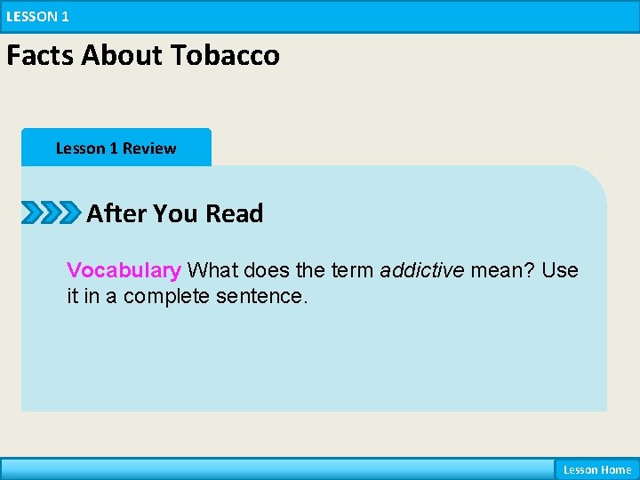 LESSON 1 Facts About Tobacco Lesson 1 Review After You Read Vocabulary What does