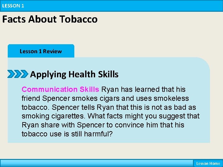 LESSON 1 Facts About Tobacco Lesson 1 Review Applying Health Skills Communication Skills Ryan