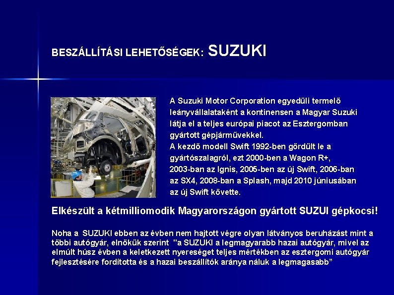 BESZÁLLÍTÁSI LEHETŐSÉGEK: SUZUKI A Suzuki Motor Corporation egyedüli termelő leányvállalataként a kontinensen a Magyar