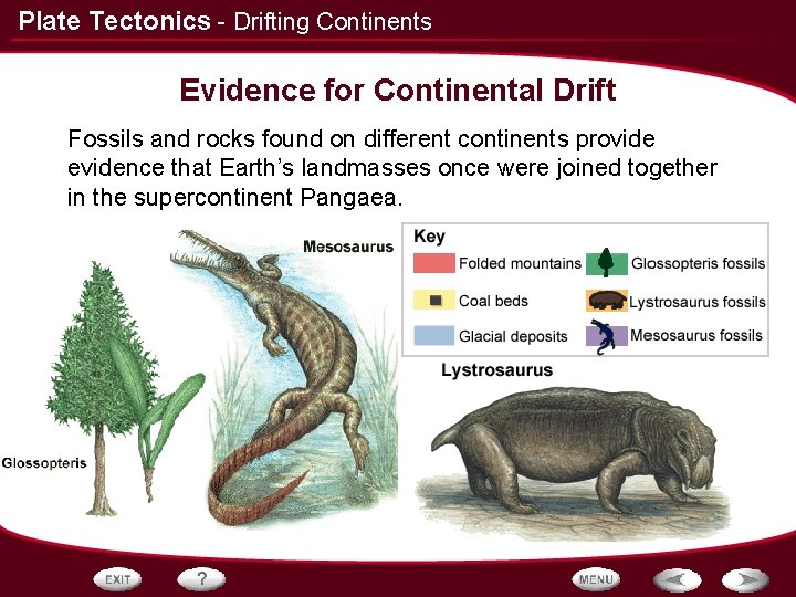 Plate Tectonics - Drifting Continents Evidence for Continental Drift Fossils and rocks found on