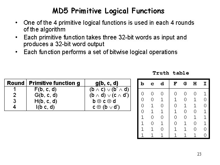 MD 5 Primitive Logical Functions • One of the 4 primitive logical functions is MD 5 Primitive Logical Functions • One of the 4 primitive logical functions is