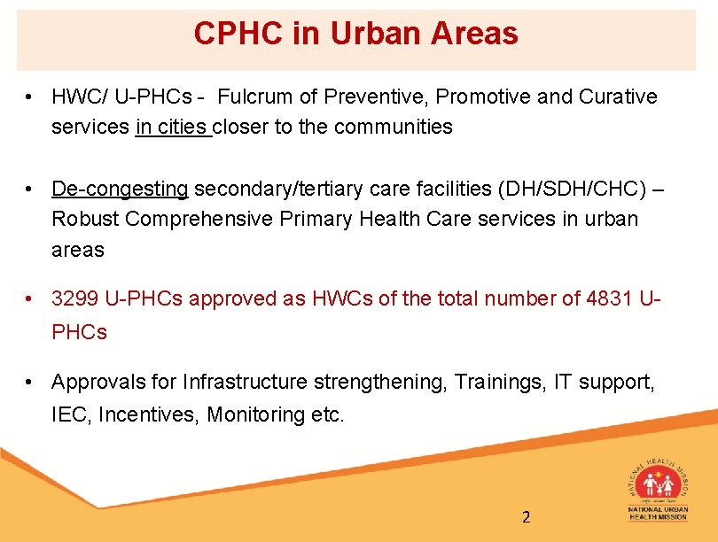 CPHC in Urban Areas • HWC/ U-PHCs - Fulcrum of Preventive, Promotive and Curative