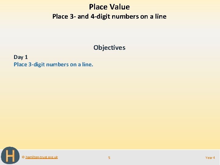 Place Value Place 3 - and 4 -digit numbers on a line Objectives Day