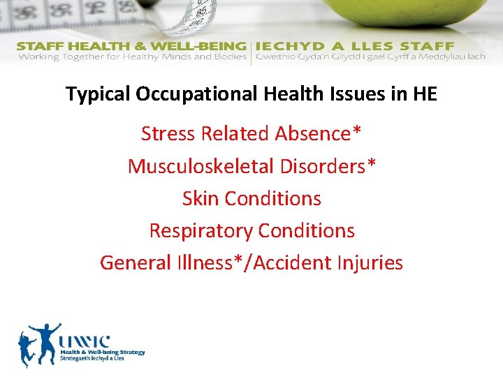 Typical Occupational Health Issues in HE Stress Related Absence* Musculoskeletal Disorders* Skin Conditions Respiratory