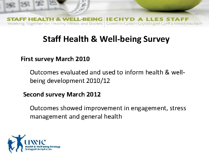 Staff Health & Well-being Survey First survey March 2010 Outcomes evaluated and used to