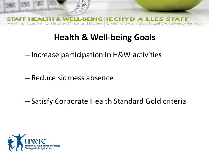 Health & Well-being Goals – Increase participation in H&W activities – Reduce sickness absence