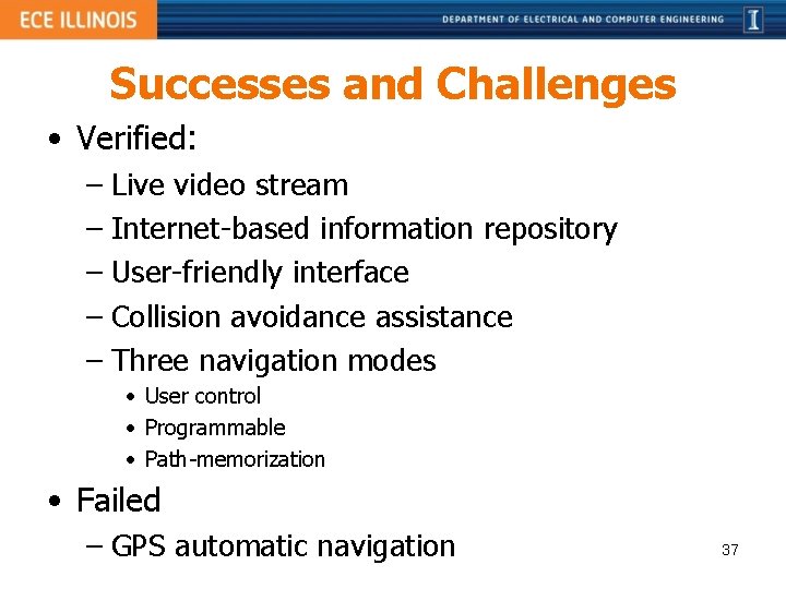 Successes and Challenges • Verified: – Live video stream – Internet-based information repository –