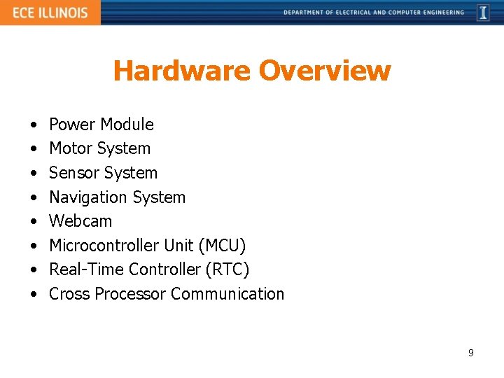 Hardware Overview • • Power Module Motor System Sensor System Navigation System Webcam Microcontroller