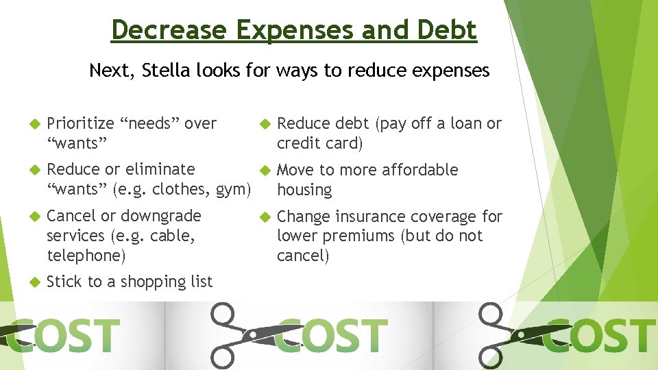 Decrease Expenses and Debt Next, Stella looks for ways to reduce expenses Prioritize “needs”