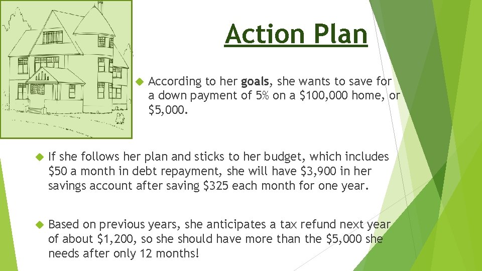 Action Plan According to her goals, she wants to save for a down payment