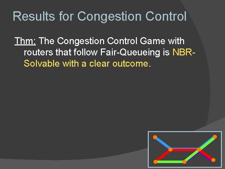 Results for Congestion Control Thm: The Congestion Control Game with routers that follow Fair-Queueing