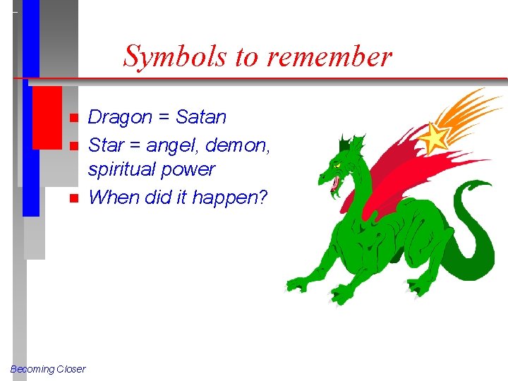 Symbols to remember n n n Becoming Closer Dragon = Satan Star = angel,