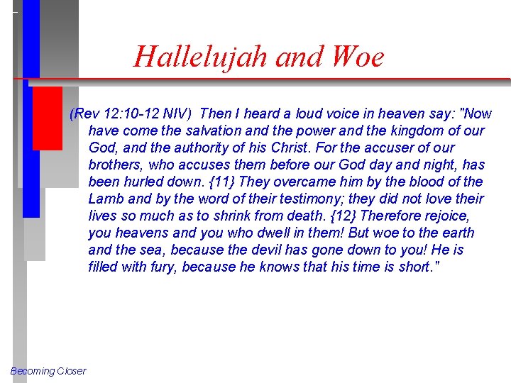 Hallelujah and Woe (Rev 12: 10 -12 NIV) Then I heard a loud voice