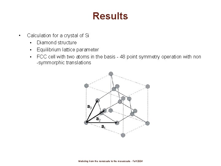 Results • Calculation for a crystal of Si • Diamond structure • Equilibrium lattice