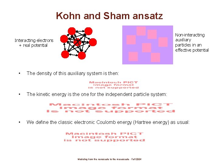 Kohn and Sham ansatz Non-interacting auxiliary particles in an effective potential Interacting electrons +