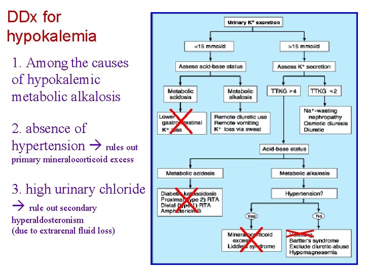 DDx for hypokalemia 1. Among the causes of hypokalemic metabolic alkalosis 2. absence of