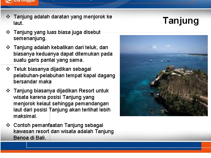 v Tanjung adalah daratan yang menjorok ke laut. v Tanjung yang luas biasa juga