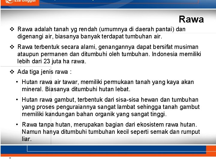 Rawa v Rawa adalah tanah yg rendah (umumnya di daerah pantai) dan digenangi air,