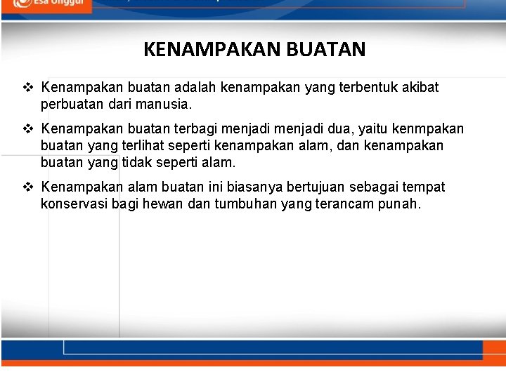 KENAMPAKAN BUATAN v Kenampakan buatan adalah kenampakan yang terbentuk akibat perbuatan dari manusia. v