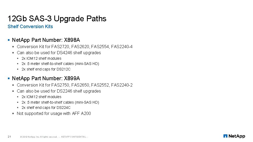 12 Gb SAS-3 Upgrade Paths Shelf Conversion Kits § Net. App Part Number: X