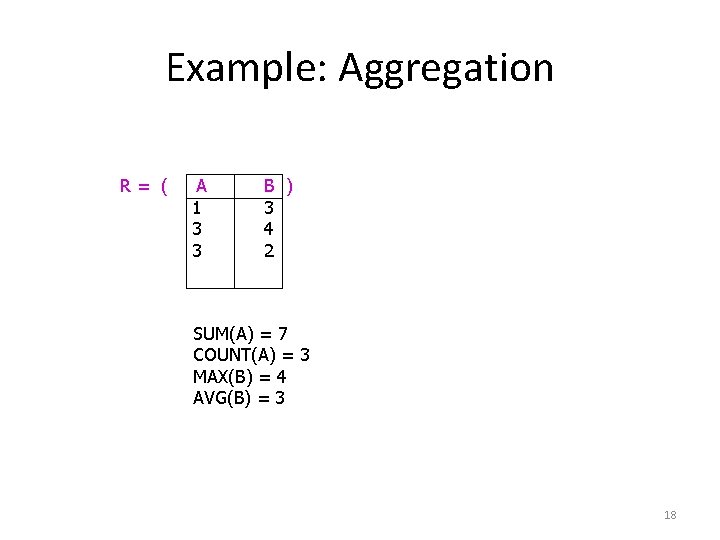 Example: Aggregation R= ( A 1 3 3 B ) 3 4 2 SUM(A)