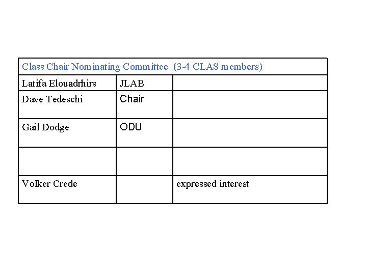 Class Chair Nominating Committee (3 -4 CLAS members) Latifa Elouadrhirs JLAB Dave Tedeschi Chair Class Chair Nominating Committee (3 -4 CLAS members) Latifa Elouadrhirs JLAB Dave Tedeschi Chair
