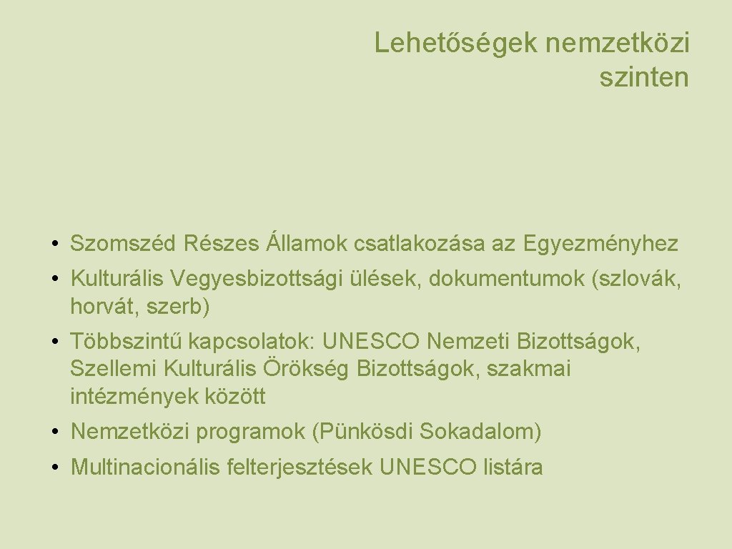 Lehetőségek nemzetközi szinten • Szomszéd Részes Államok csatlakozása az Egyezményhez • Kulturális Vegyesbizottsági ülések,