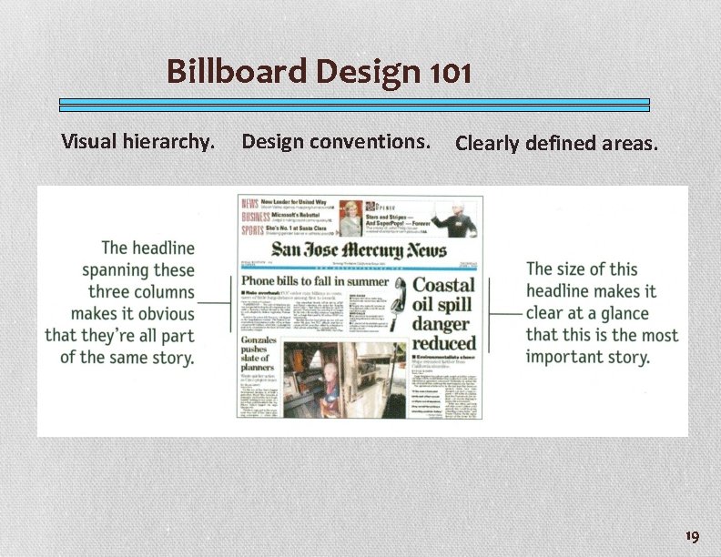 Billboard Design 101 Visual hierarchy. Design conventions. Clearly defined areas. 19 
