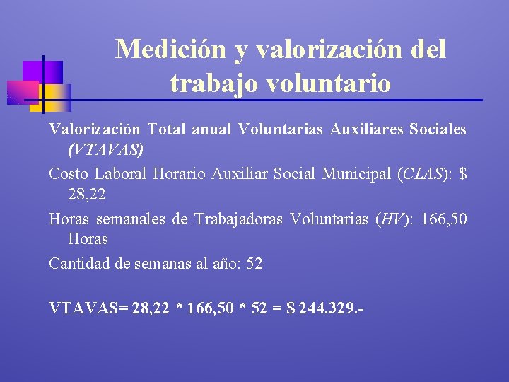 Medición y valorización del trabajo voluntario Valorización Total anual Voluntarias Auxiliares Sociales (VTAVAS) Costo