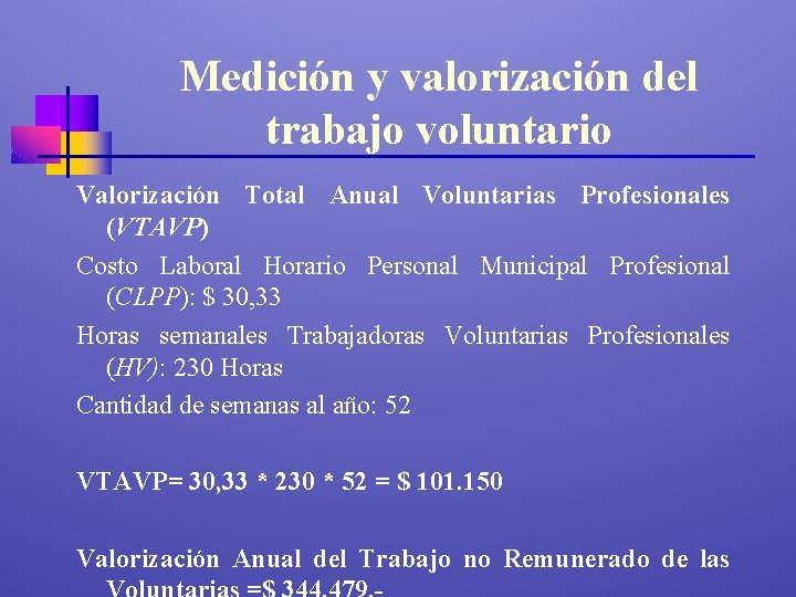 Medición y valorización del trabajo voluntario Valorización Total Anual Voluntarias Profesionales (VTAVP) Costo Laboral