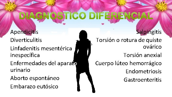Apendicitis Diverticulitis Linfadenitis mesentérica inespecífica Enfermedades del aparato urinario Aborto espontáneo Embarazo eutósico Salpingitis