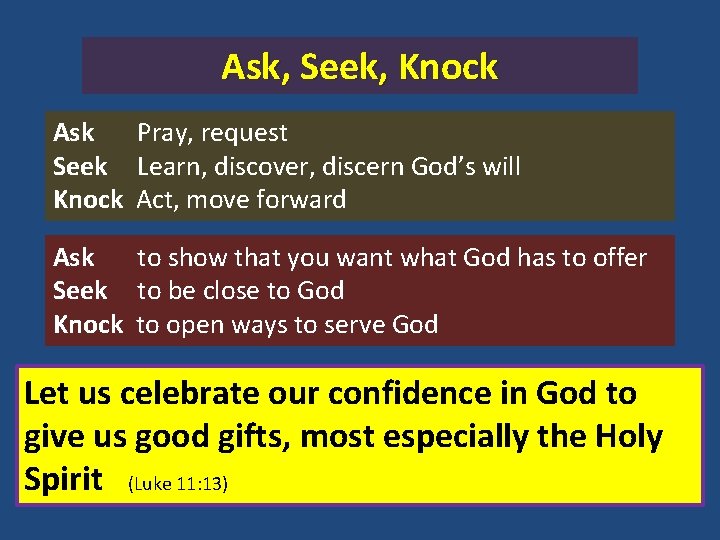 Ask, Seek, Knock Ask Pray, request Seek Learn, discover, discern God’s will Knock Act,