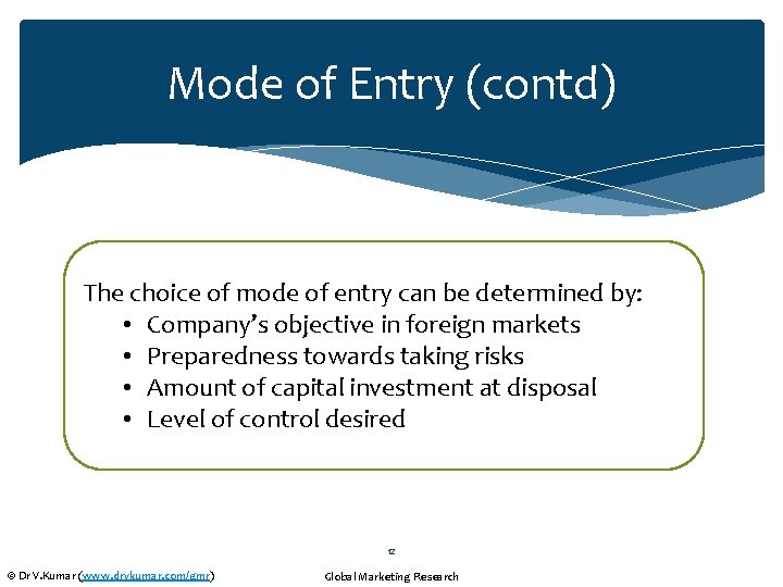 Mode of Entry (contd) The choice of mode of entry can be determined by: