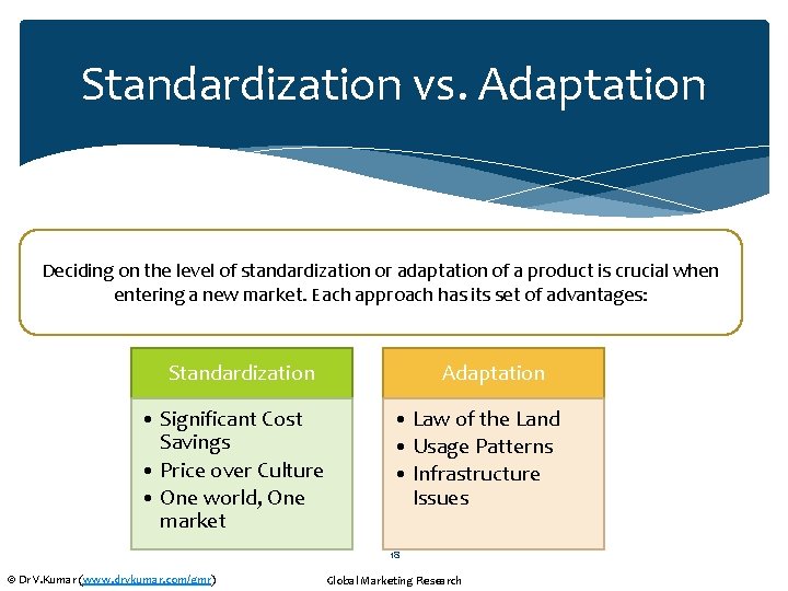 Standardization vs. Adaptation Deciding on the level of standardization or adaptation of a product