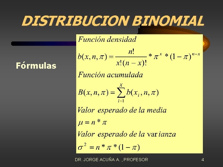 DISTRIBUCION BINOMIAL Fórmulas DR. JORGE ACUÑA A. , PROFESOR 4 