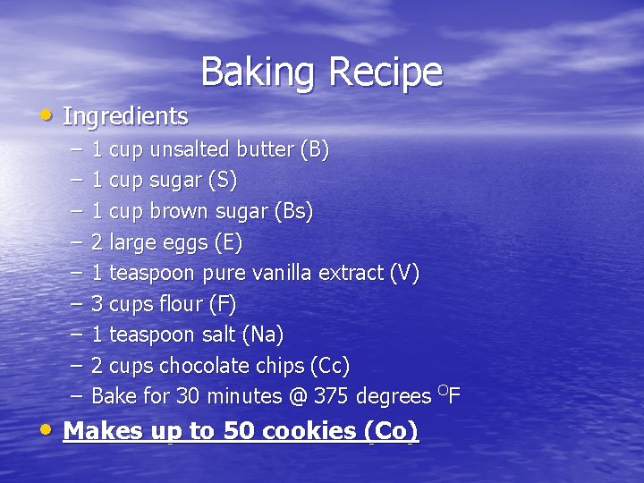  • Ingredients – – – – – Baking Recipe 1 cup unsalted butter