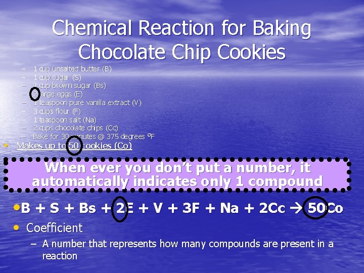 – – – – – Chemical Reaction for Baking Chocolate Chip Cookies 1 cup