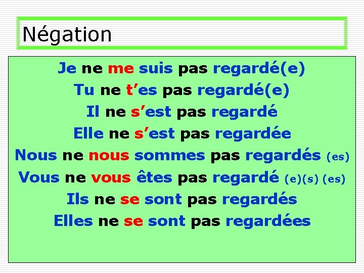 Négation Je ne me suis pas regardé(e) Tu ne t’es pas regardé(e) Il ne