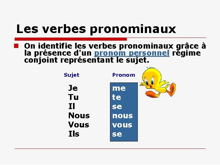  Les verbes pronominaux n On identifie les verbes pronominaux grâce à la présence