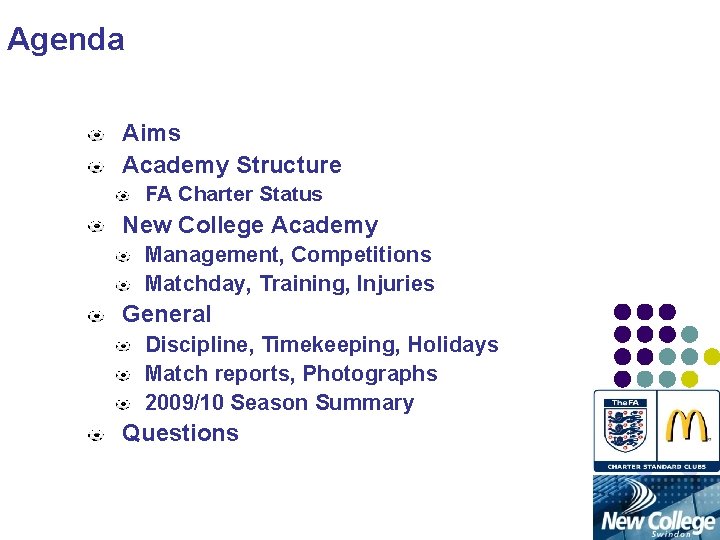 Agenda Aims Academy Structure FA Charter Status New College Academy Management, Competitions Matchday, Training,