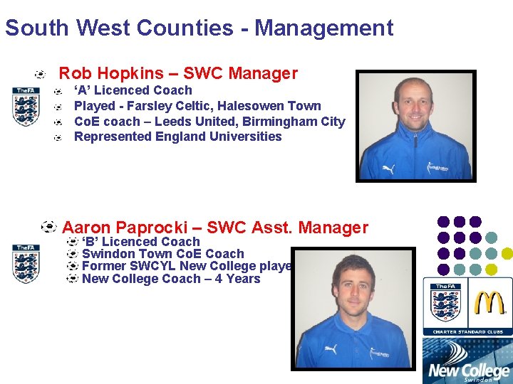 South West Counties - Management Rob Hopkins – SWC Manager ‘A’ Licenced Coach Played