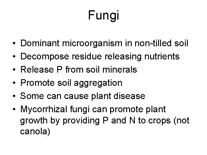 Fungi • • • Dominant microorganism in non-tilled soil Decompose residue releasing nutrients Release