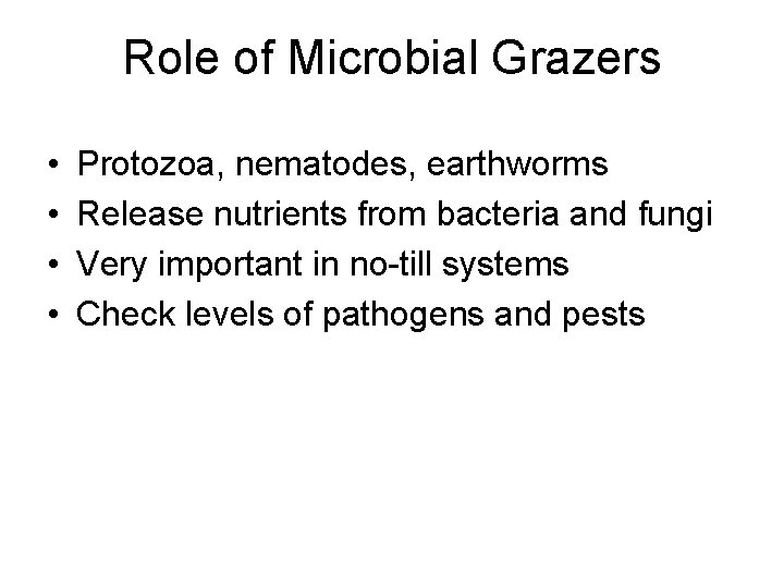 Role of Microbial Grazers • • Protozoa, nematodes, earthworms Release nutrients from bacteria and