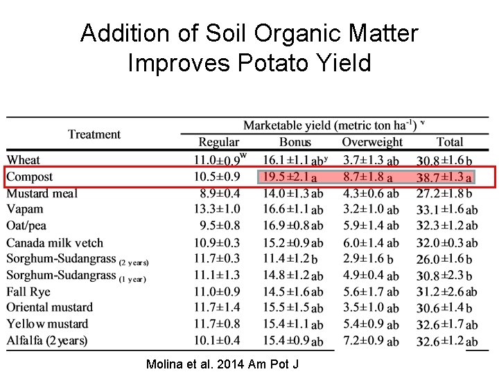 Addition of Soil Organic Matter Improves Potato Yield Molina et al. 2014 Am Pot