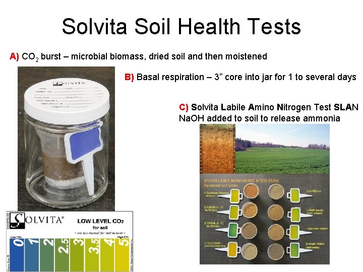 Solvita Soil Health Tests A) CO 2 burst – microbial biomass, dried soil and