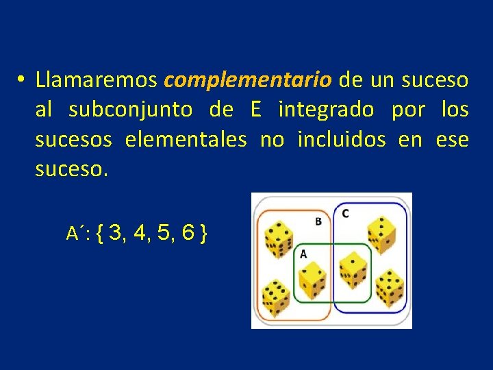  • Llamaremos complementario de un suceso al subconjunto de E integrado por los