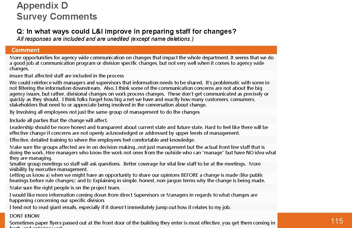 Appendix D Survey Comments Q: In what ways could L&I improve in preparing staff