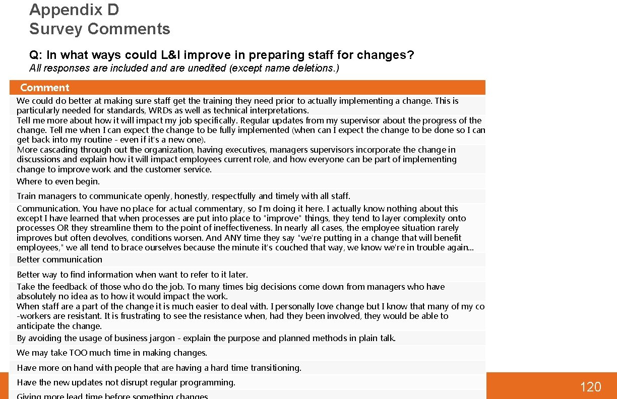 Appendix D Survey Comments Q: In what ways could L&I improve in preparing staff